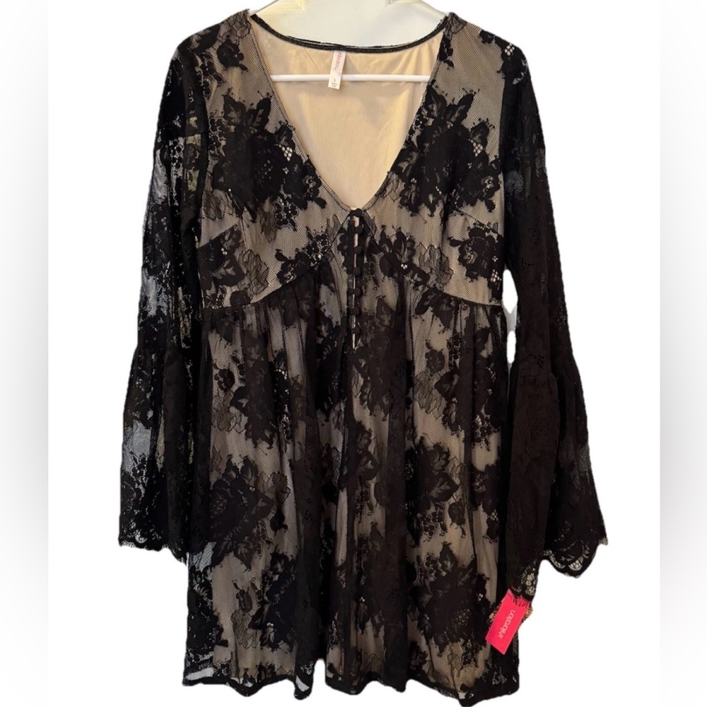 Black Lace Babydoll Dress Whimsygoth Fairygoth Sheer Lace Lined Witchy Lrg NWT